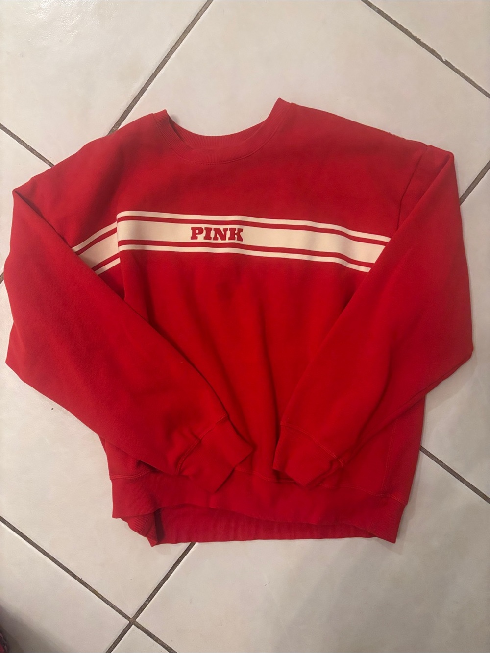 PINK Victoria's Secret Red Crewneck Sweatshirt with Cream Stripe